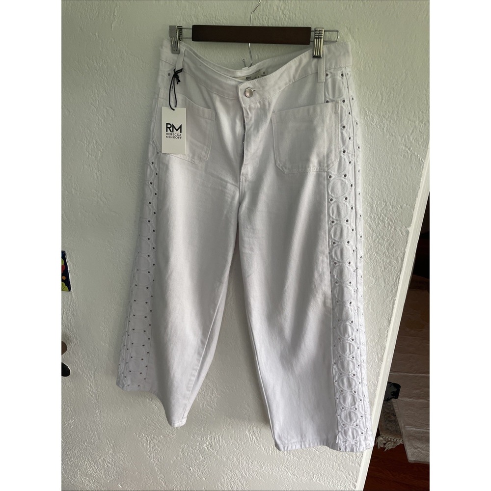 Rebecca Minkoff NWT Embroidered Eyelet High-Rise Wide-Leg Cropped White Jeans‎ 8